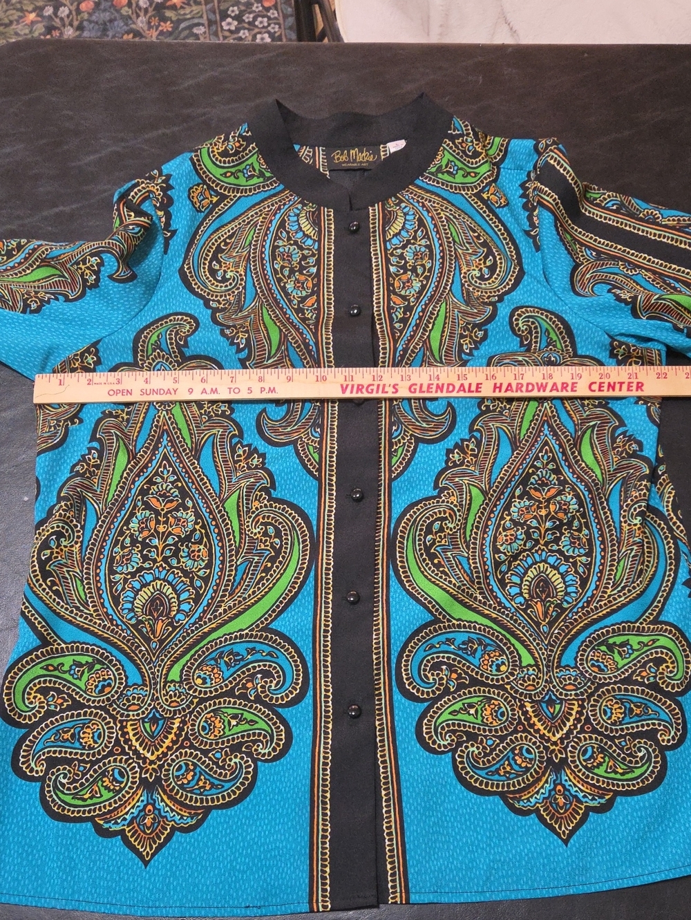Vintage Bob Mackie Wearable Art Turquoise Paisley Tunic Button Front Top Size L - Picture 6 of 8